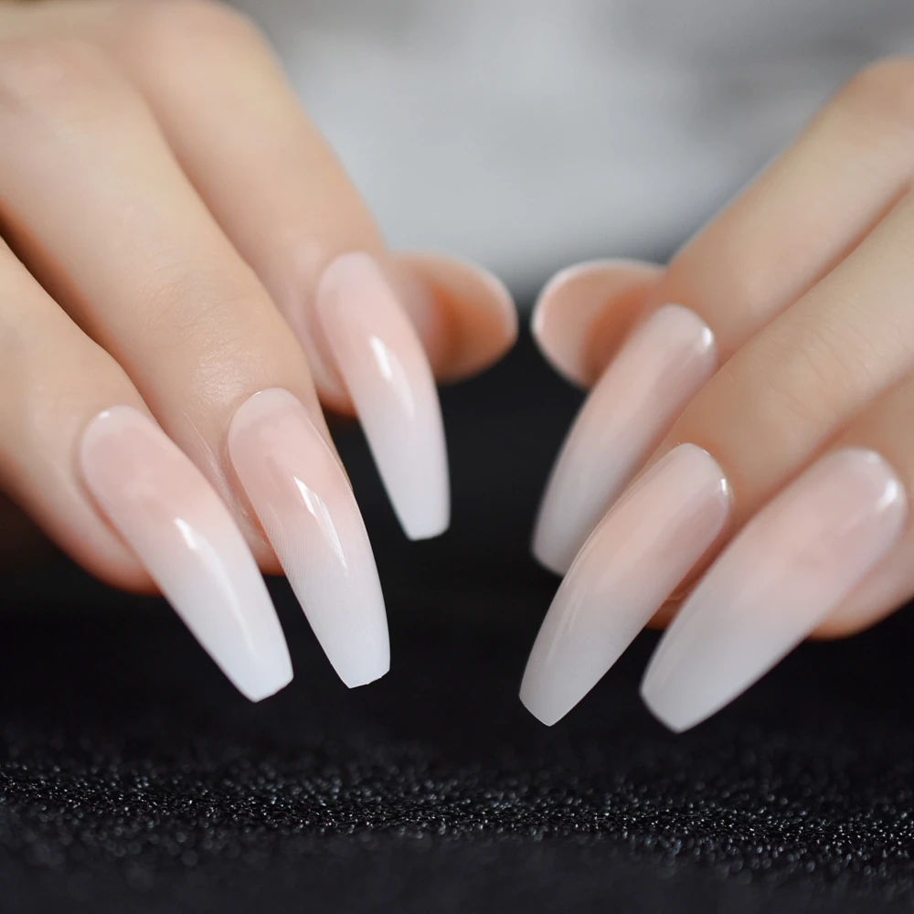 Ombre Gradient Pink Nude French Ballerina Press on False Nails Extra Long Natural Coffin Gel colla su unghie finte