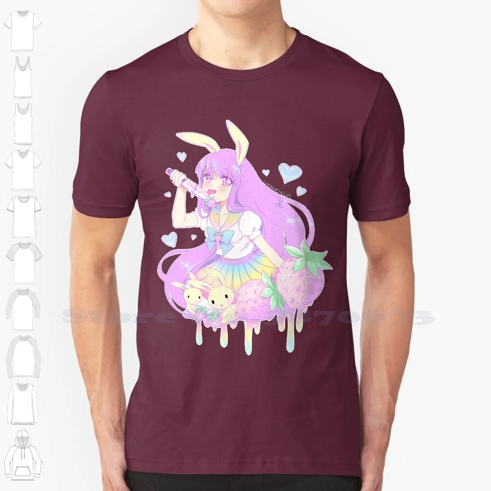 Pastel Bunny 100% Cotton T-Shirt Menhera Yandere Kawaii Rainbow Anime Cherrycheezy Bunny Pastel Strawberry