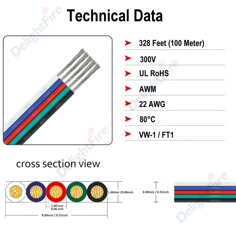 10 roll 100m 5pin UL2468 22 AWG 5x0.34 sq.mm Tinned Copper Wire LED Strip Cable Electric Cable Extend Cord DIY Wire