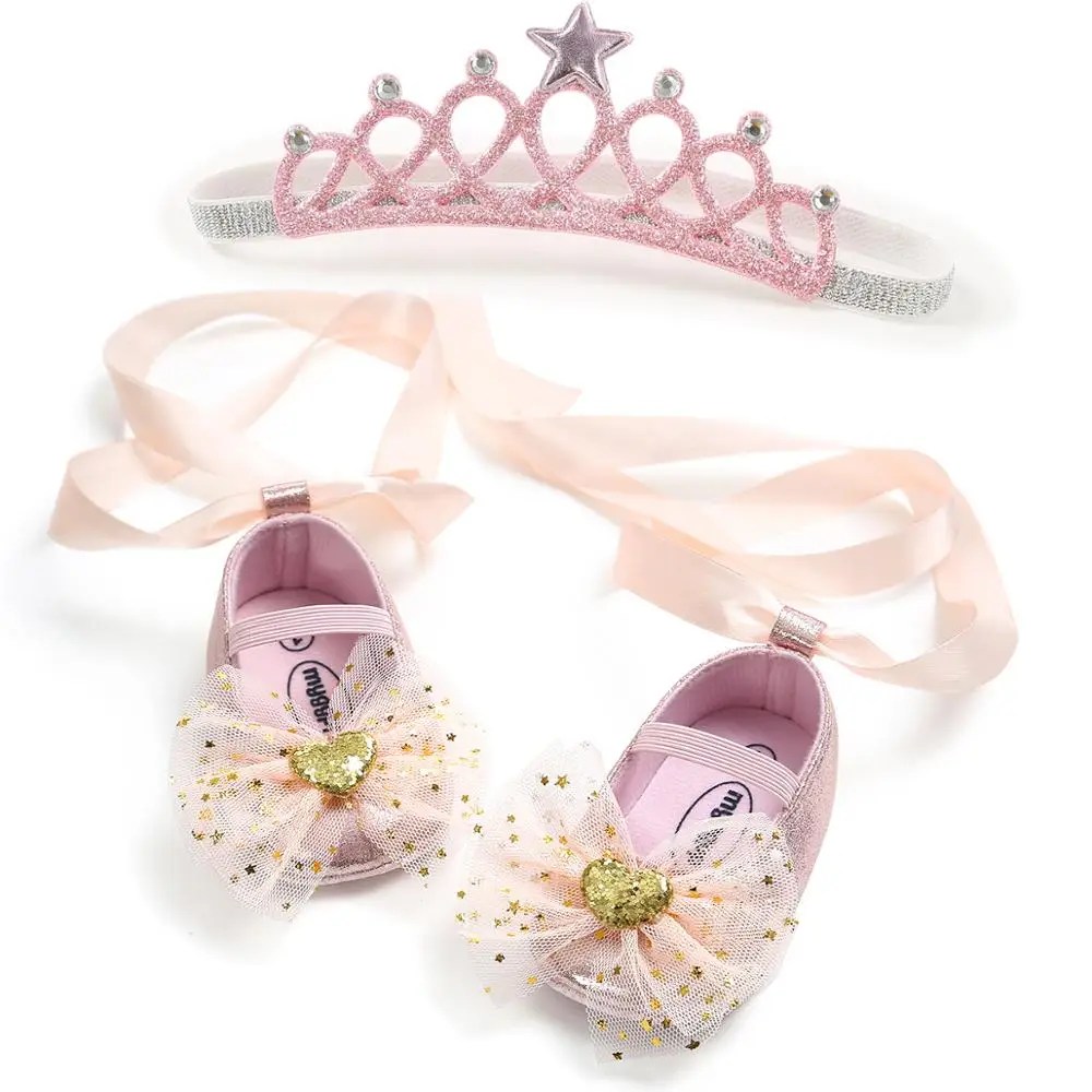 Enfant en bas âge Bébé Fille Chaussures à Semelle Souple Bébé Nouveau-Né Dentelle Arc Princesse Chaussures + Bandeau 2Pcs Ensemble Bébé Mignon Fête Premiers Marcheurs SH20016