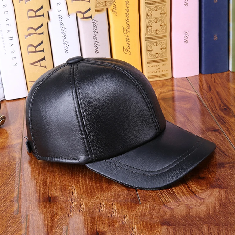 Men Women Real Cowhide Leather Earlap Caps Male Female Fall Winter 100% Real Cow Leather Hats New Casual Outdoor Baseball Cap