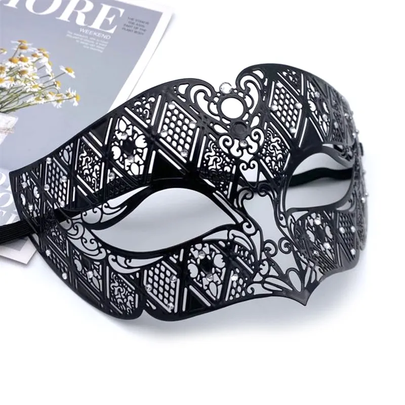 Masquerade Male Night Party Black Half Face Metal Diamond-Encrusted Wrought Iron Mask Bar Handsome Mask