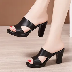 Womens Shoes square heel slippers women sandals platform high heels slippers shoes woman sexy peep toe pumps black red 8/10cm