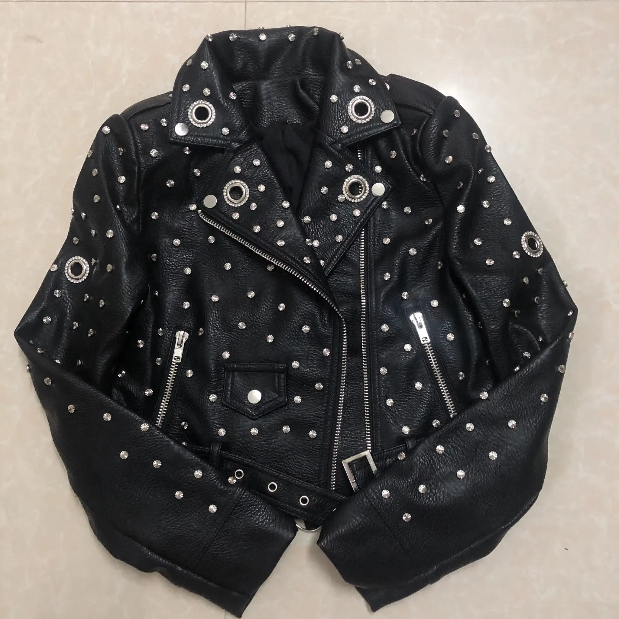 

Street Fashion Spring Autumn New Female Rivet Slim Short PU Leather Jacket With Belt Women Motorcycle Punk Coats Outerwear Y1250