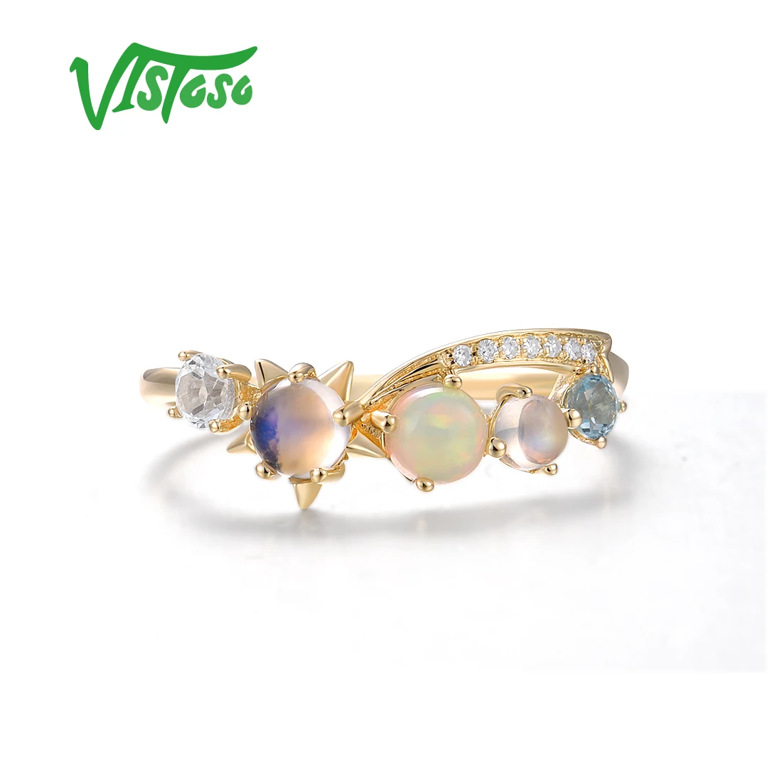 VISTOSO Genuine 14K 585 Yellow Gold Ring For Women Sparkling Opal Blue Moonstone Topaz Diamond Ring Dainty Chic Fine Jewelry