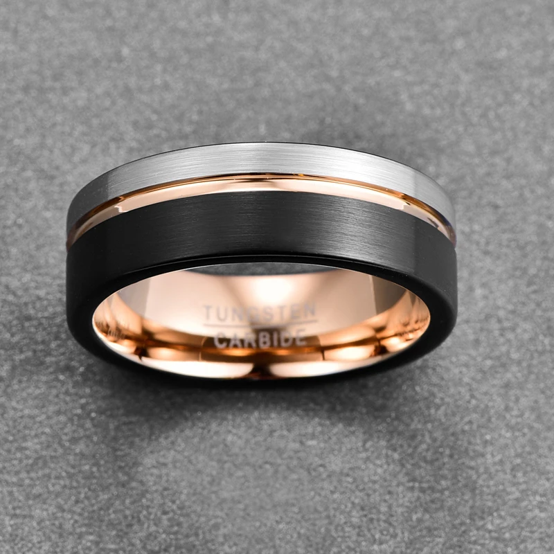 JQUEEN Rose Gold Color Groove Woman Men\'s Tungsten Carbide Ring Classic Wedding Brushed Black Male Jewelry Rings For Band