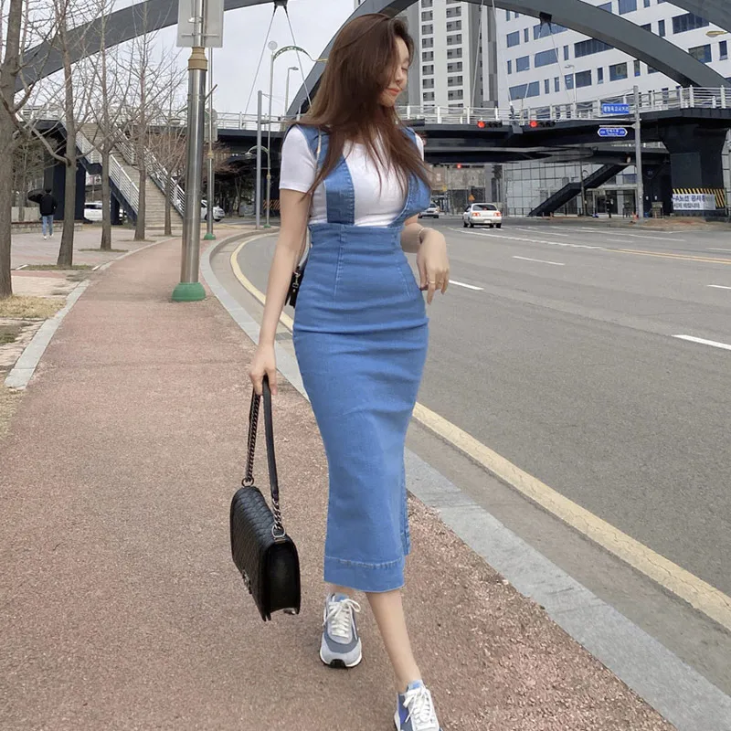 Streetwear Women Suspender Long Skirts Jeans 2024 Summer Sexy Split Casual Slim Denim Strap Jumpsuit Skrits Femme Saia Longas