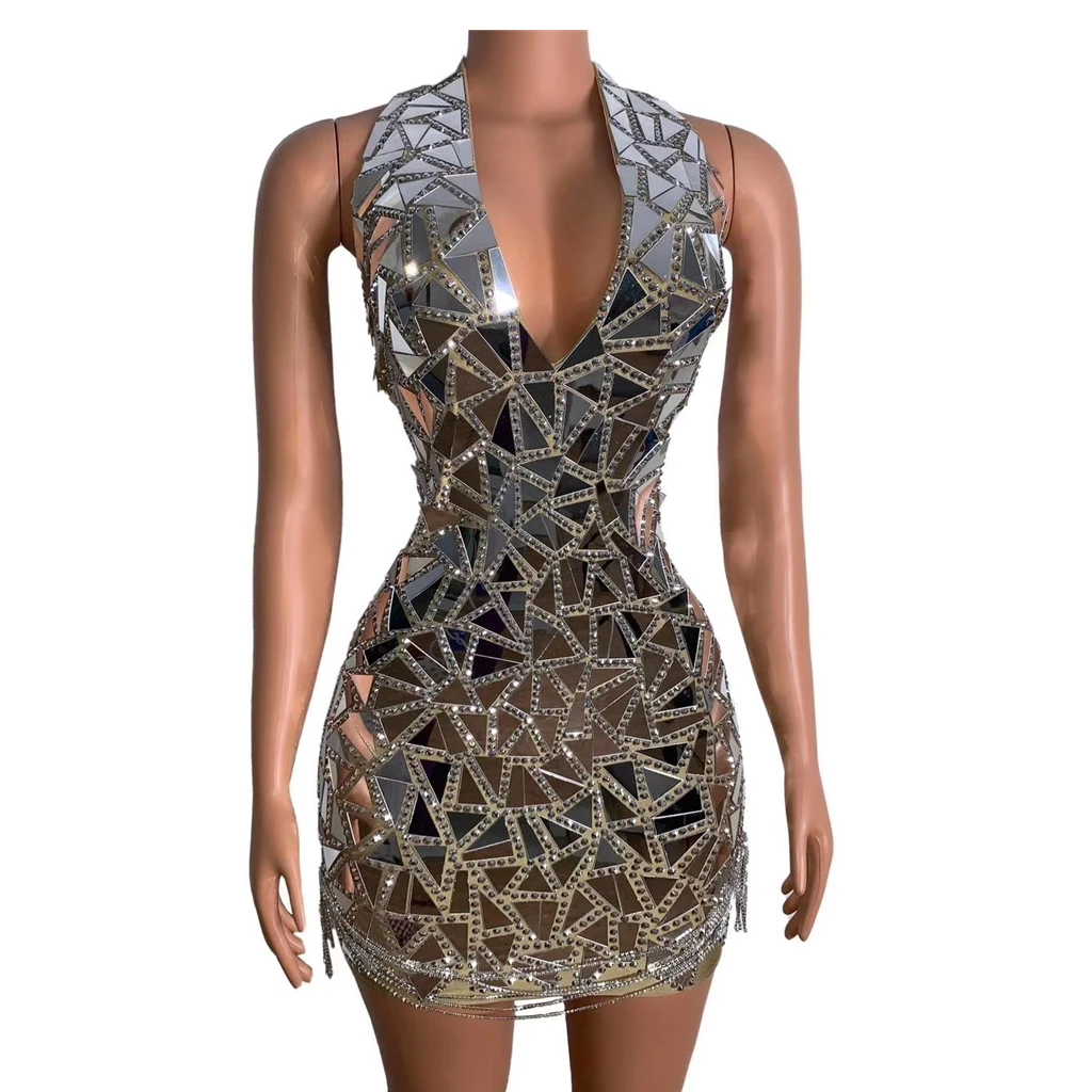 

Women Sparkly Rhinestones Mirrors Sexy V-neck Package Hips Mini Dress Birthday Party Evening Prom Singer Host Catwalk Costume