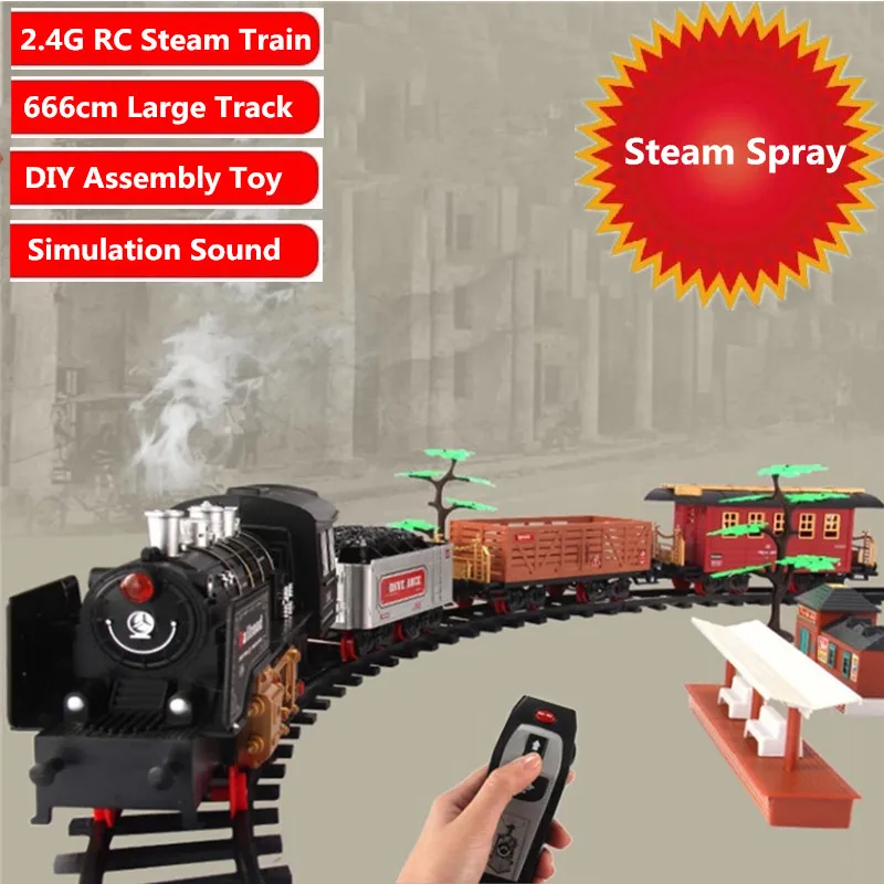 High Simulation Smoking Train With Rechargeable 2.4G RC Steam Train DIY Assembly Block Railway Brain Game Sound Spray Steam Toy