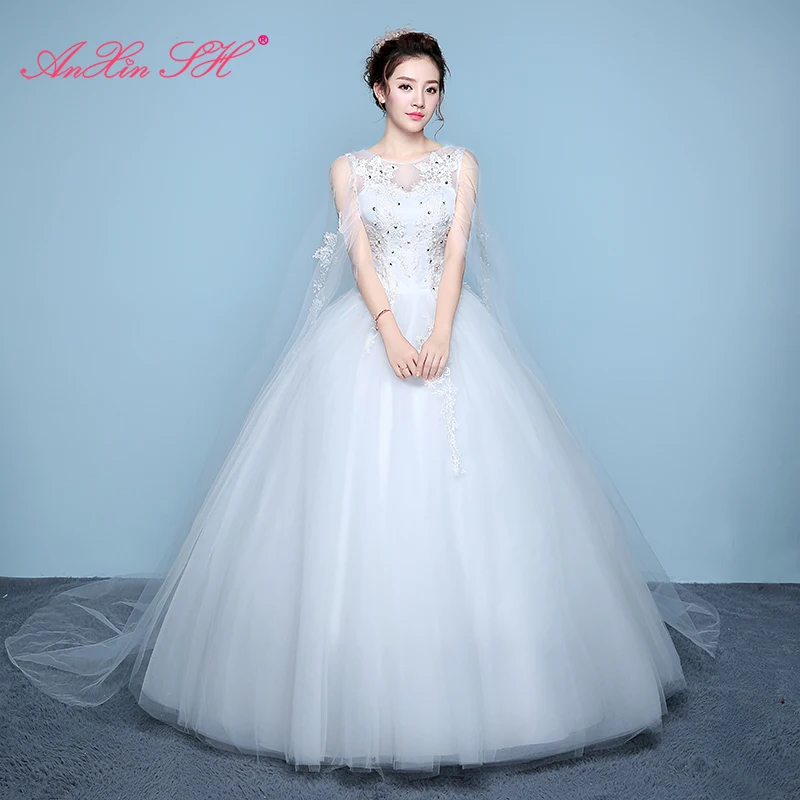 

AnXin SH princess white flower lace wedding dress vintage o neck illusion little flower beading crystal with view wedding dress