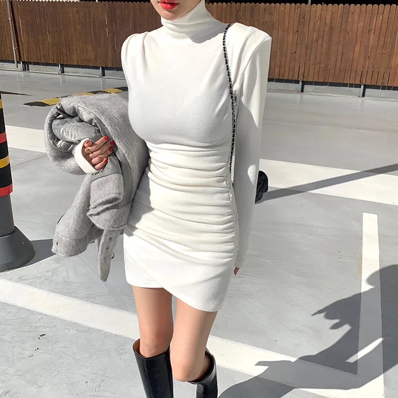 Long Sleeve White Dress Spring 2022  Slim Pleated Turtleneck Hip Dress Women Above Knee Ruched Elegant Sheath Dresses Robe 12975