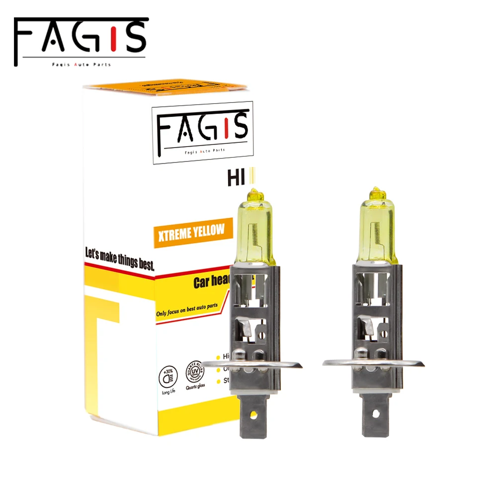 

Fagis 2Pcs H1 12V 55W Yellow Light Car Headlight 3350K Auto Halogen Bulbs Fog Lamps High Beam