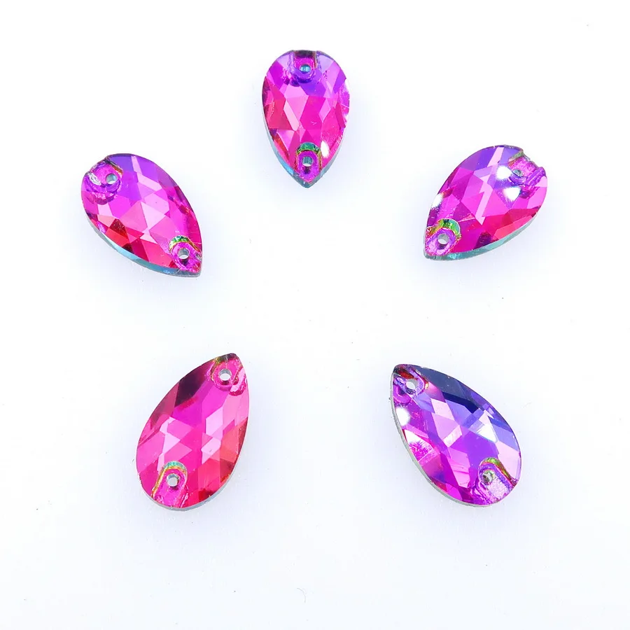 AB Farben Schlanke Wassertropfenform Glaskristalle mit Flacher Rückseite Zwei Löcher 5 Größen Kristalle zum Aufnähen auf Kleidung Schuhe Hochzeitskleid DIY – Detail 5