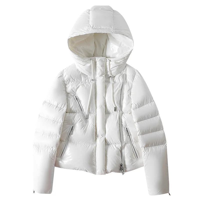 Glossy Down Jacket Women Streetwear 2024 New White Hooded Short 90% White Duck down Coat Black Loose Female Parka Zipper Outwear