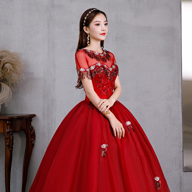 Vestidos Elegantes De tul rojo vino para quinceañera, vestido largo para baile De máscaras, apliques De 15 años, vestido De fiesta con cuentas, 2022