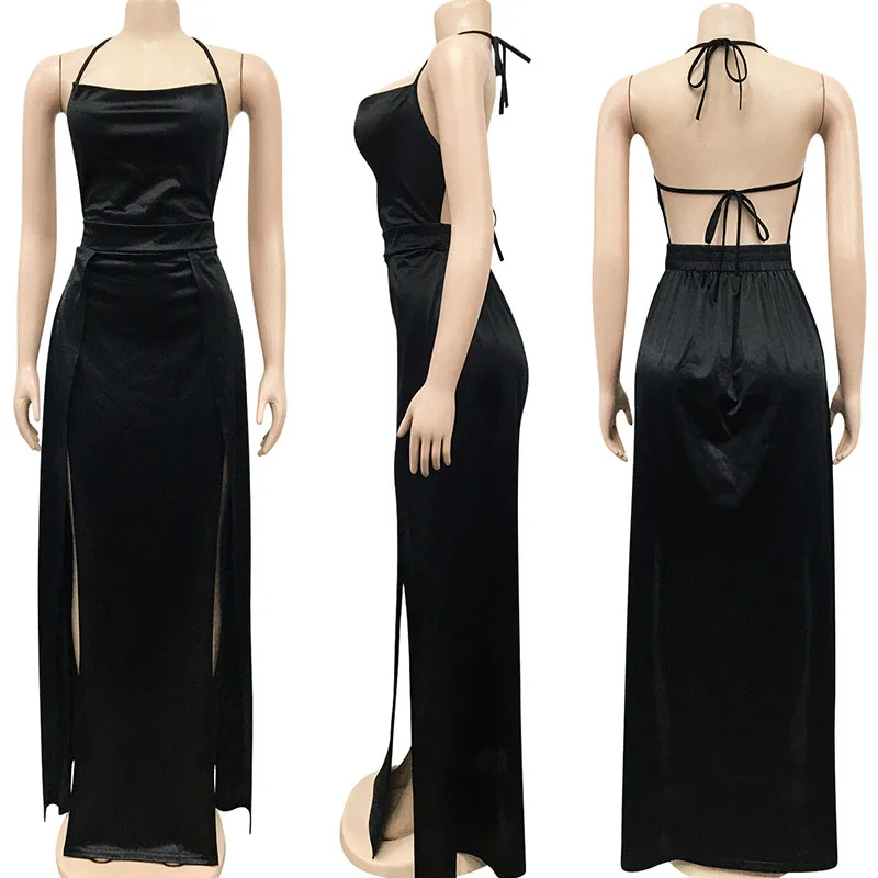 Sexy Backless Stain Maxi Jurk Vrouwen Elegant Avond Celebrity Lange Jurk Side Split Night Party Verjaardag Club Jurken Vestidos