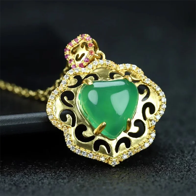 Hot selling natural hand-carved jade copper plated24k Peach Heart ruyi Lock Necklace pendant fashion Jewelry Men Women LuckGifts