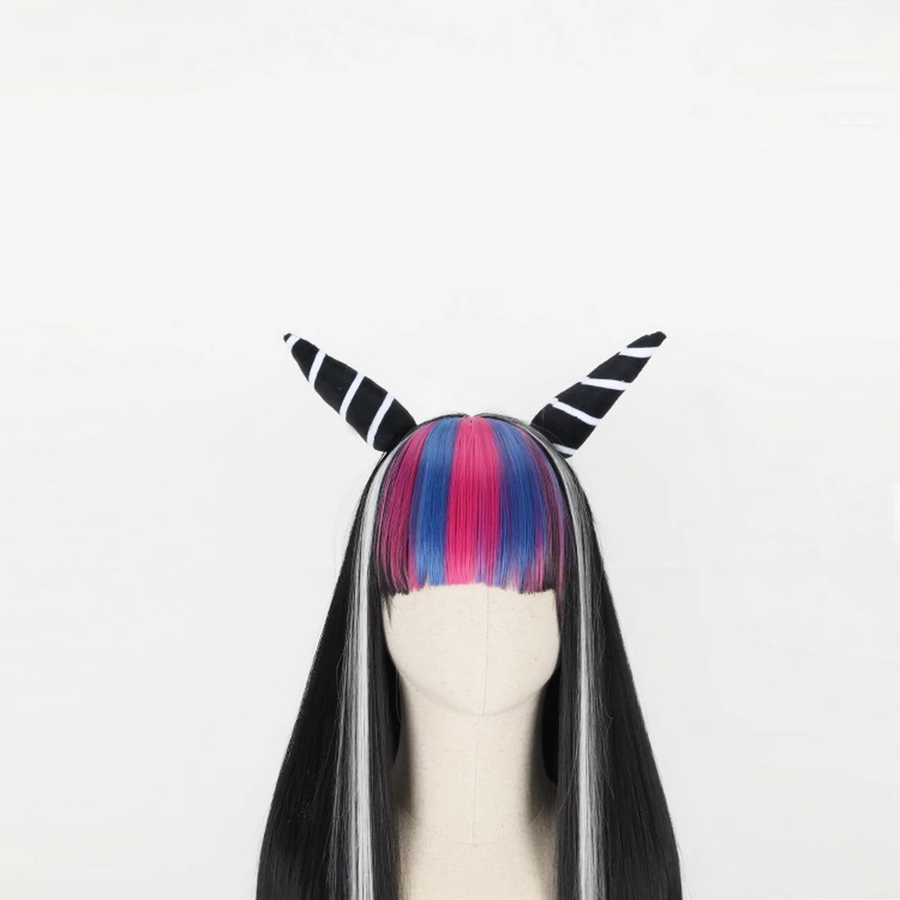 Danganronpa-Peluca de cabello sintético para Cosplay, cabellera artificial largo y liso de 100cm con gatillo feliz Havoc, Mioda, Ibuki, para Halloween, Color negro mezclado