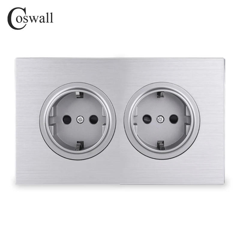 Coswall Black / Silver Grey Aluminum Panel 16A Double EU Standard Wall Power Socket Grounded With Child Protective Lock 146 Type