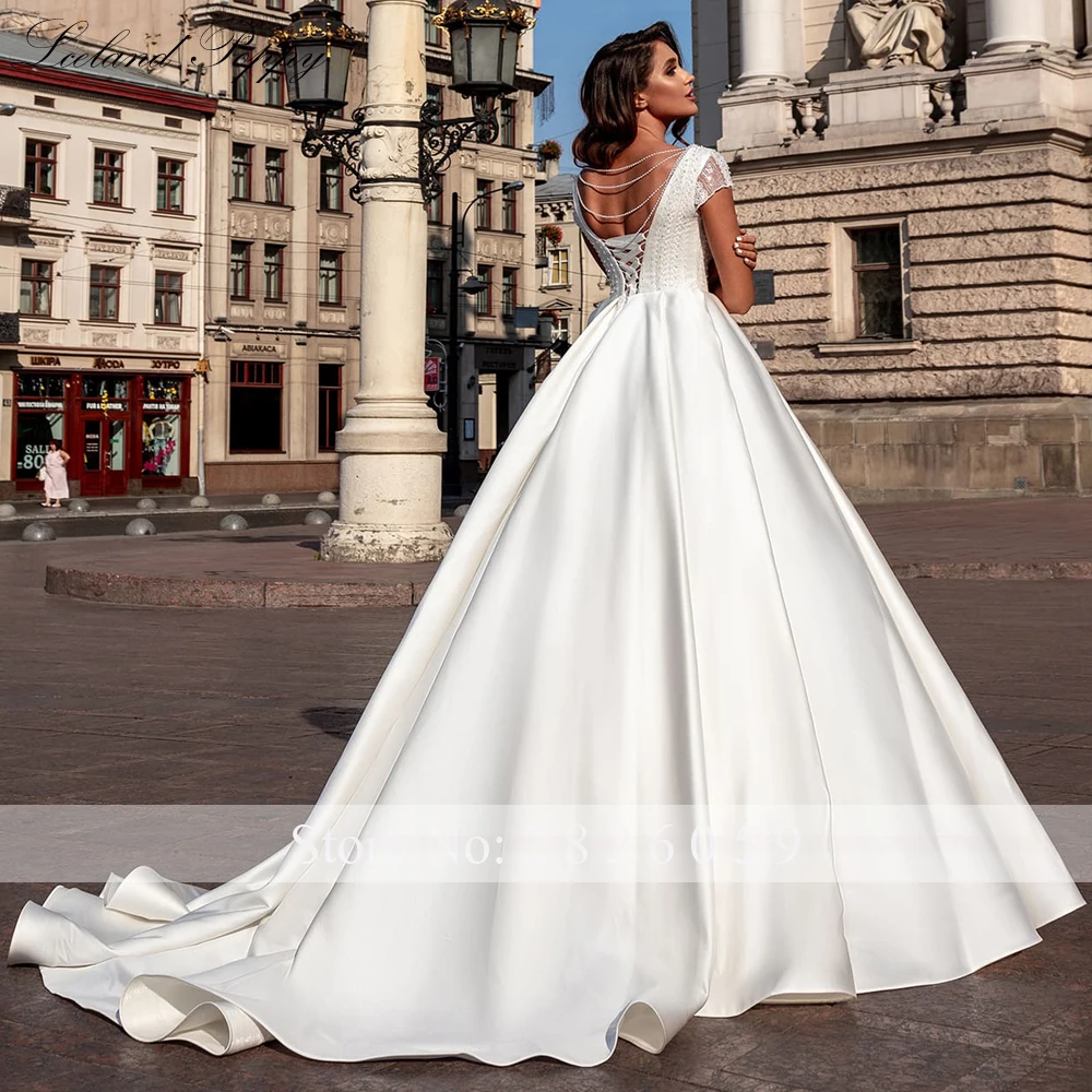 Lceland Poppy Customized A-line Scoop Neck Satin Wedding Dresses Short Sleeves Beaded Lace Bridal Gowns