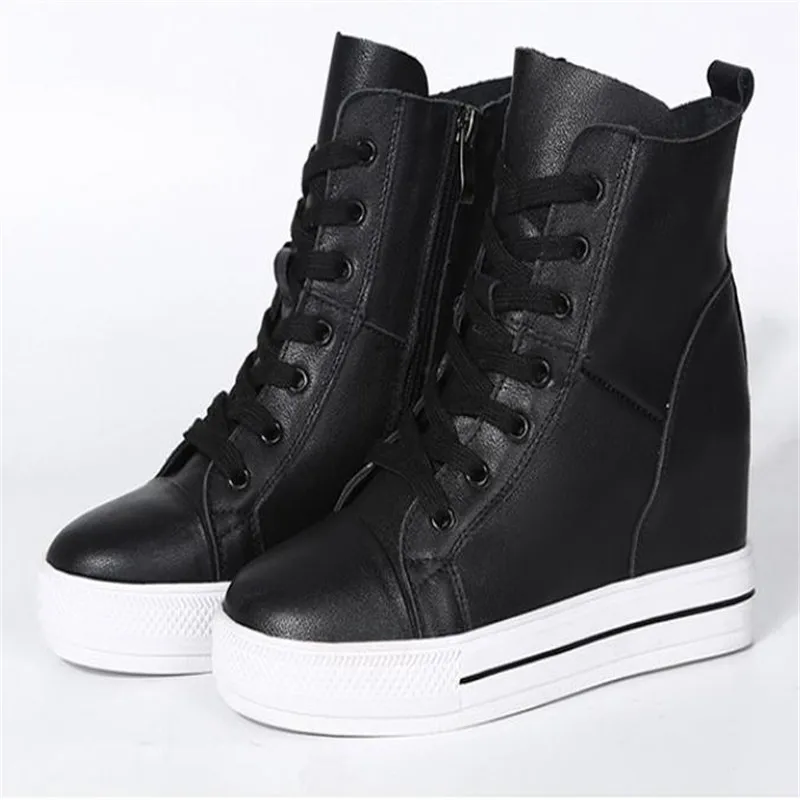 Women Genuine Leather 8cm Hidden Wedge Sneakers Platform Shoes High Heels Sneakers Woman Casual Shoes  White Women Trainer