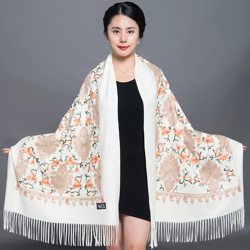 

Fashion Scarf Women Cashmere Elegant Scarves Lady Scarf Warm Shawl Floral Embroider Stoles Bandana Scarf Hijab Beach Blanket