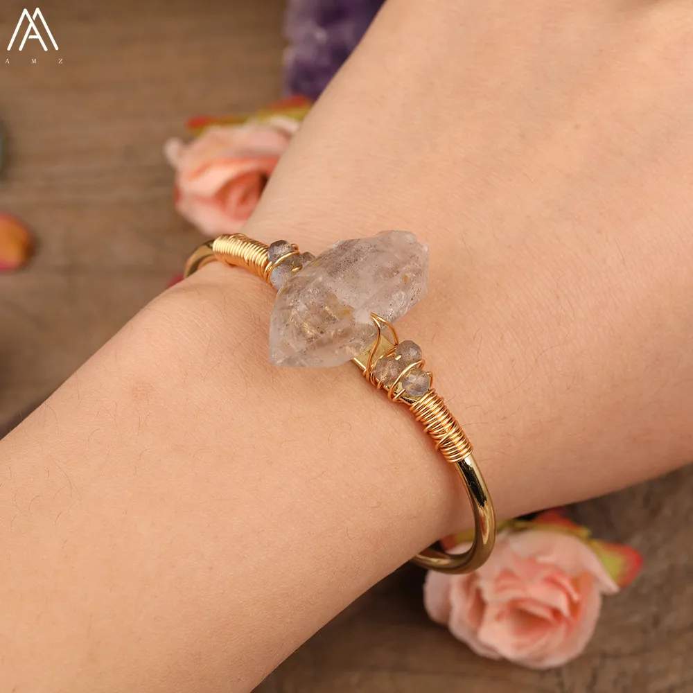 Natural Herkimer Diamonds Quartz Stick Point Cuff Bangle Bracelets Women Quartz Crystal Bead Adustable Bracelet Jewelry Dropship