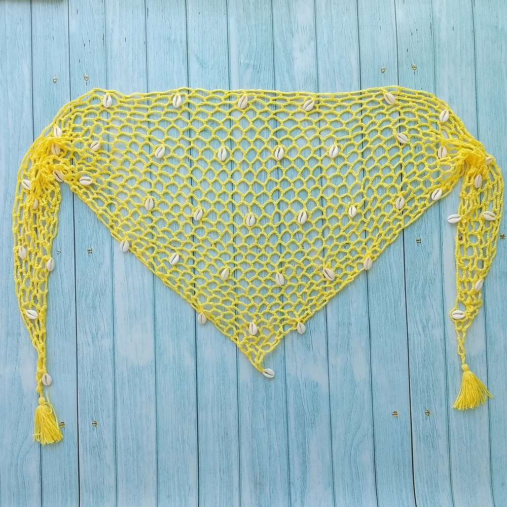 Women Triangle Shawl With Seashell Sexy Bikini Cover Up Sunscreen Nets Skirt Mesh Tunic Pareo Beachwear