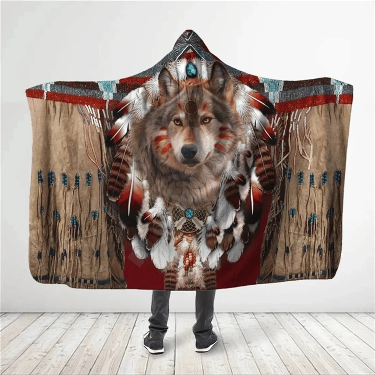 

Native Wolf Feather 3D All Over Printed Hooded Blanket Adult child Sherpa Fleece Wearable Blanket Microfiber Bedding 02