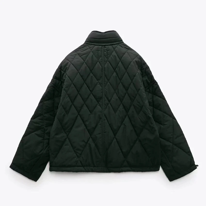 PUWD Casual Women Solid  Quilted Diamond Check Round Neck Cotton Jacket 2021 Autumn/Winter Street Oversize Parka Female Outwear