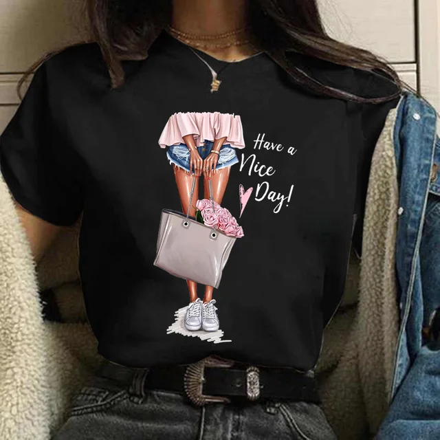 Maycaur kobieta modny nadruk T-Shirt Harajuku 90s Ulzzang czarne koszulki z okrągłym dekoltem krótki Slee koszulka koszula, Drop Ship