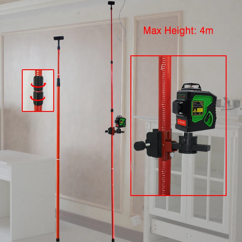 CLUBIONA 4M Telescopic Pole Extend Bracket Holder Support Stand Mount Ceiling Line Leveling Rod for 1/4\