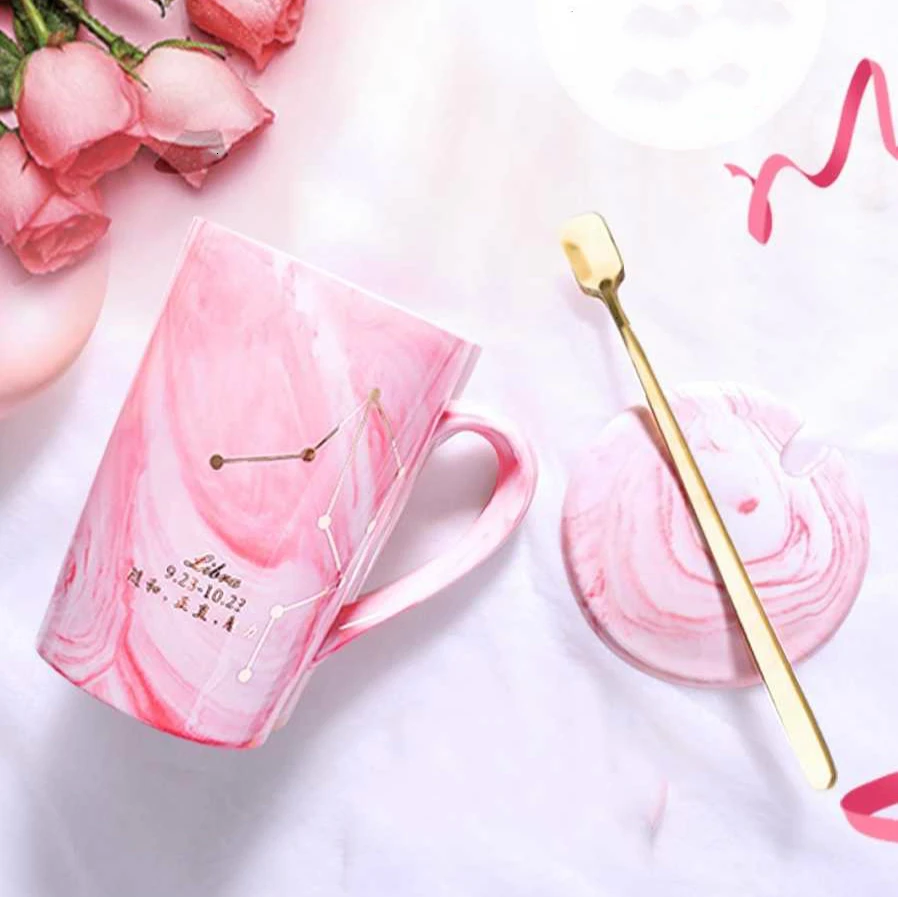 Natural Marble 12 Constellation Ceramic Pink Zodiac Mug With Lid Coffee Mugs Creative Personality Cup 380ml Cups And Mugs Xicara