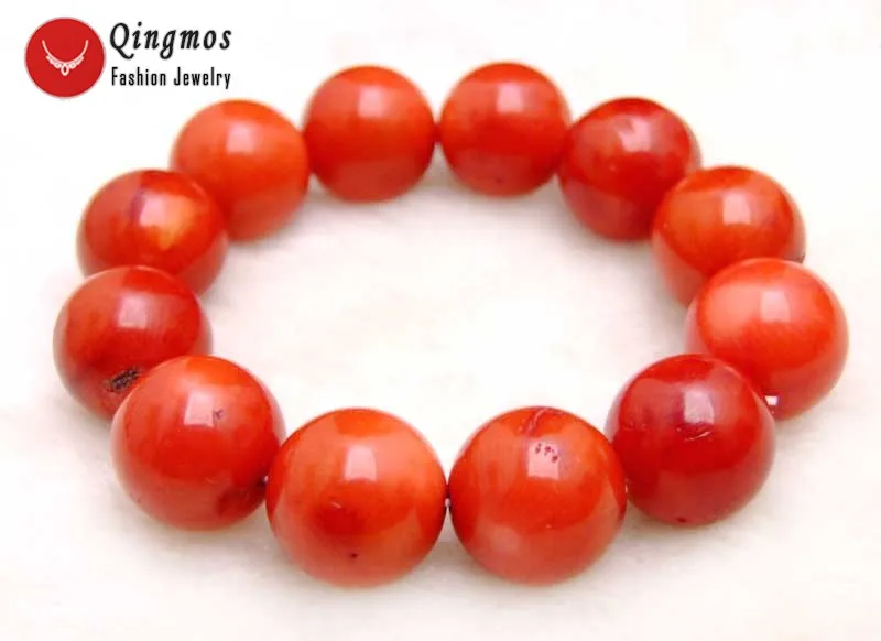 

Qingmos GENUINE Red Coral Bracelet for Women with High Quality Natural 16-17mm Round Red Coral Bracelets 8" Elastic Rope String