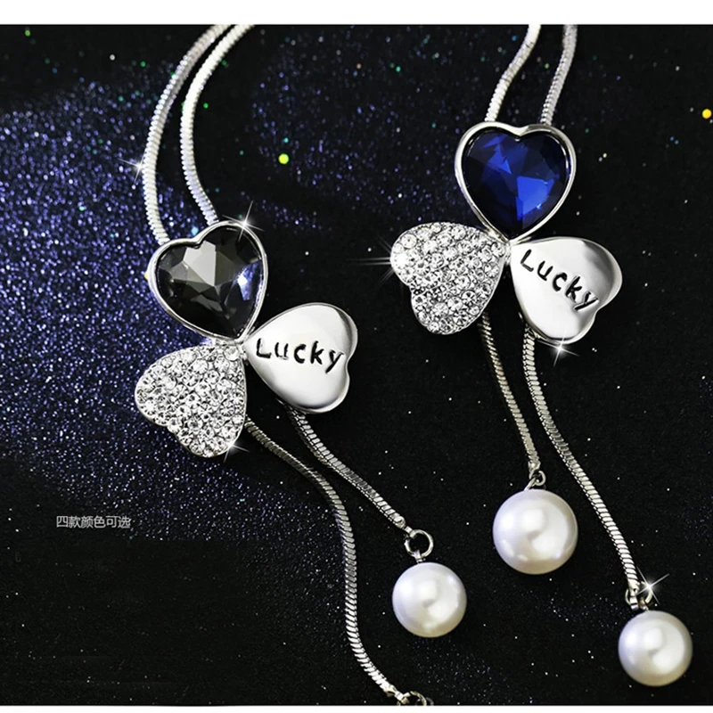 LWMMD Lucky Letter Fashion Sweater Chain Long Paragraph Sweater Necklace Gray Blue Crystal Pendant All-match Female Flower