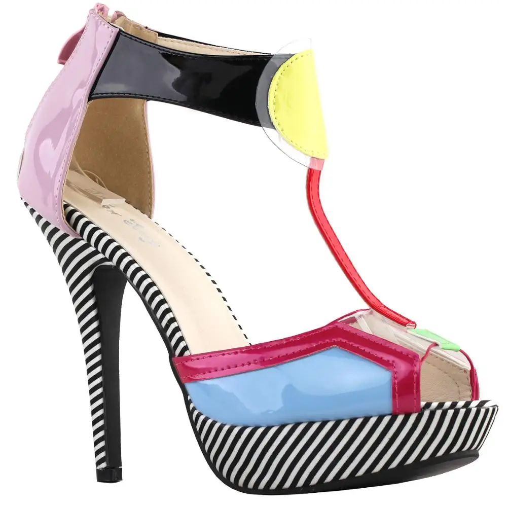 LF30482 SHOW STORY Sexy Ladies Multicoloured Stripe T-Bar Zip Ankle Strap Stiletto Platform Sandals