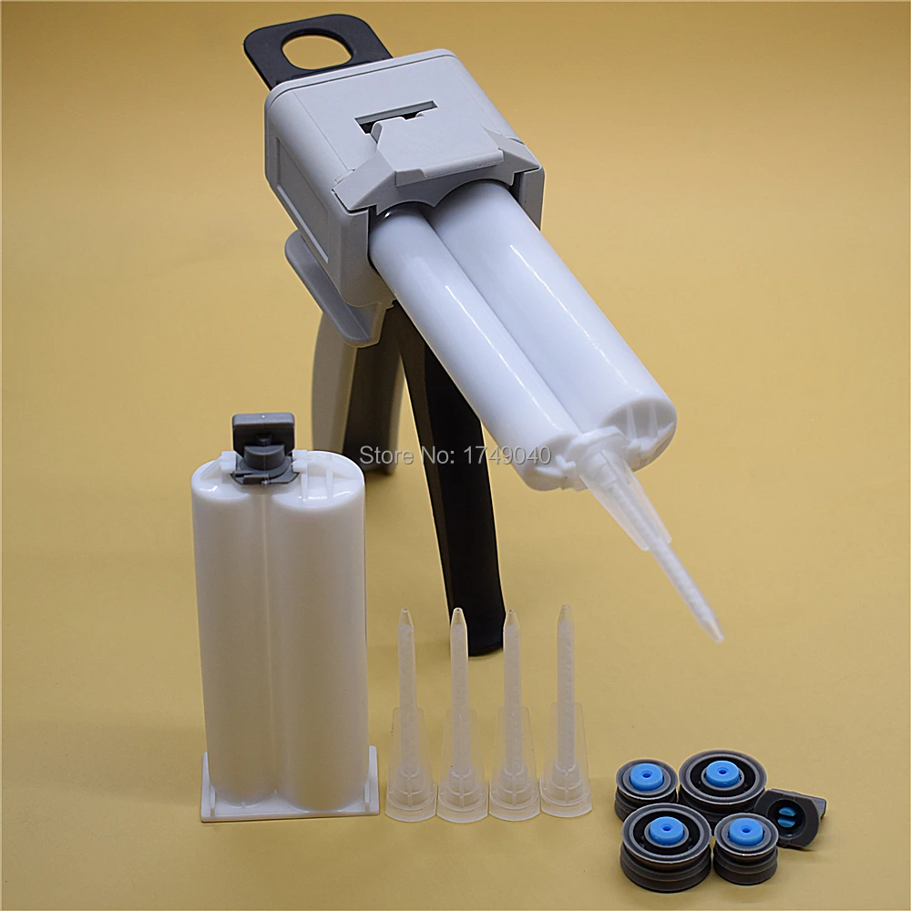 Glue Guns 50ml 1:2 Manual Caulking Gun Adhesives Dispenser with 2pcs 50ml 1:2 Empty Dual Cartridge and 5pc Static Mixing Nozzles