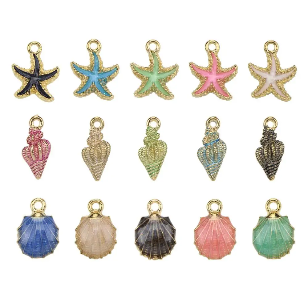 15pcs/set Alloy Enamel starfish conch shell Powder blue green white gray Charms Pendant Jewelry Making Decoration