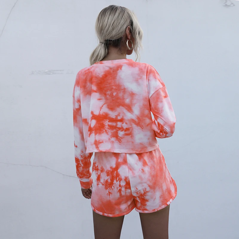 Frauen Tie Dye Bunte Lose Kleidung Zwei Peices Sets Dame Langarm Pullover Oansatz Top + Hohe Taille Kordelzug Shorts