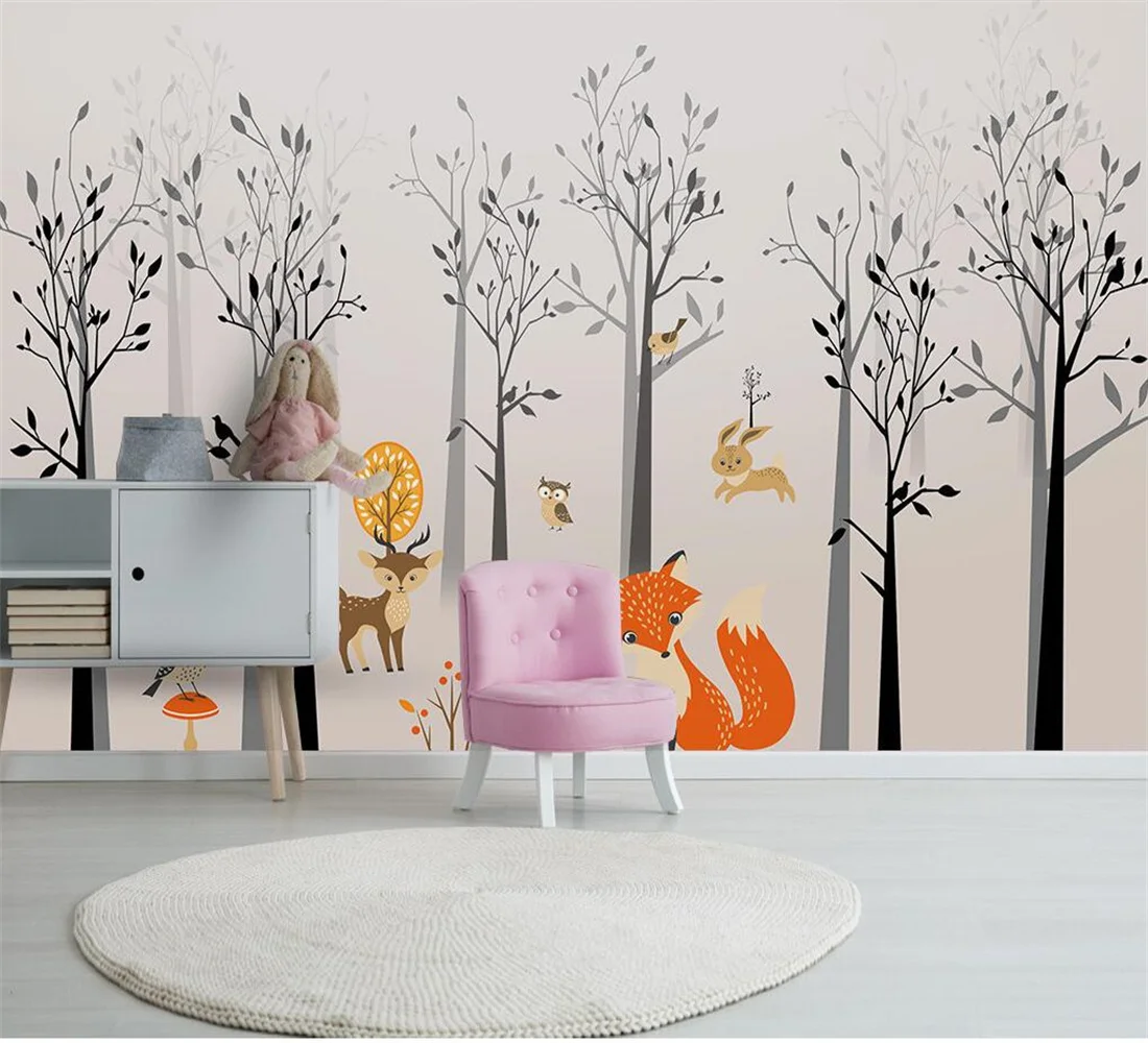 

Nordic creative hand-painted animal forest cartoon photo children's room background wall decoration chambre 3d wallpaper