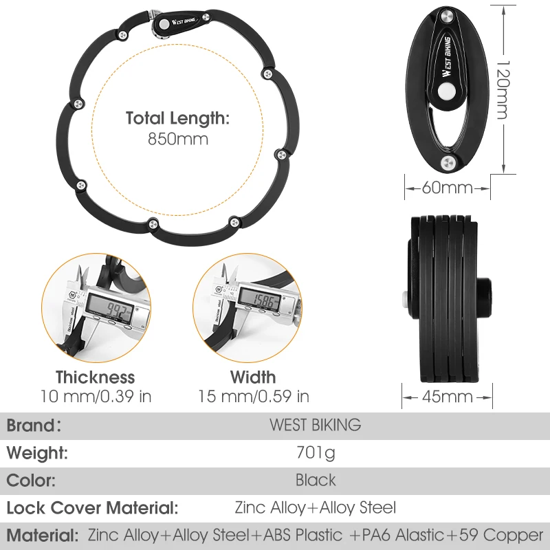 WEST BIKING Password Bike Lock Foldable Anti-Theft Security Lock With 2 Keys Candado Bicicleta Electric Bicycle Part Chain Lock