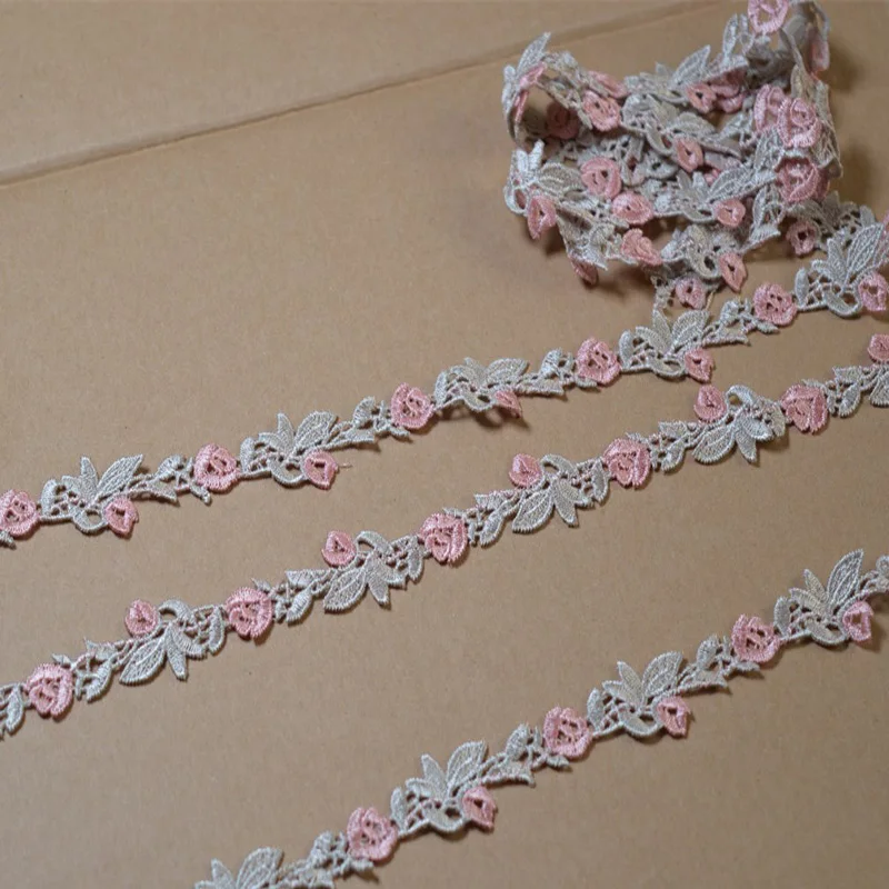 7Yds/Banyak 2.5Cm Pink Coklat Campuran Bunga Venise Renda Trim dengan Desain untuk Pernikahan Pengantin, pakaian Decoration1227