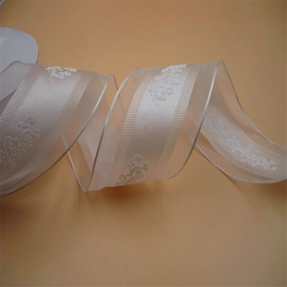 63mm X 25yards Wired White Organza Edge Satin Ribbon With Flower Printing. Gift Bow,Wedding,Cake Wrap,Tree Decoration N1130