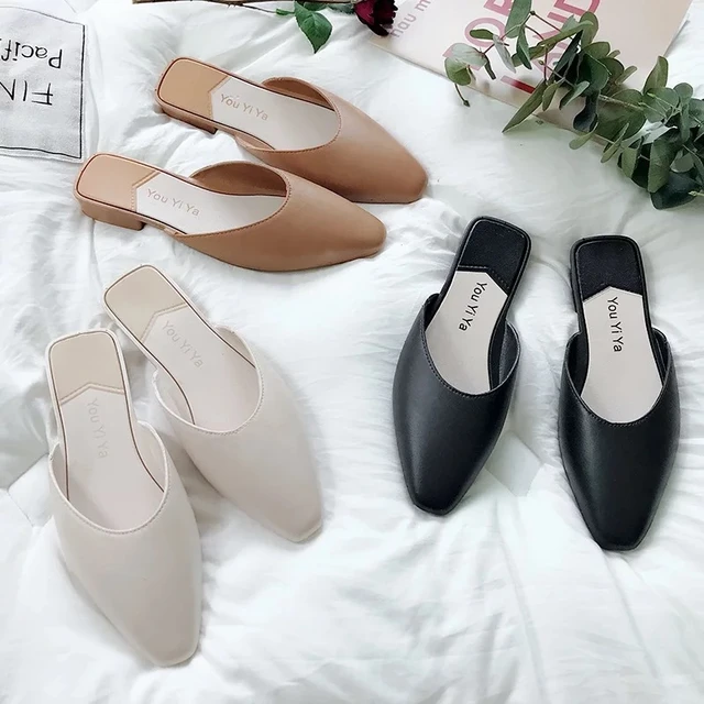 Summer Leisure Flat Slip on Ladies Mules Female Cover Pointed Toe Slippers Nice Half Slippers Women Shoes Woman Retro Shoes AliExpress