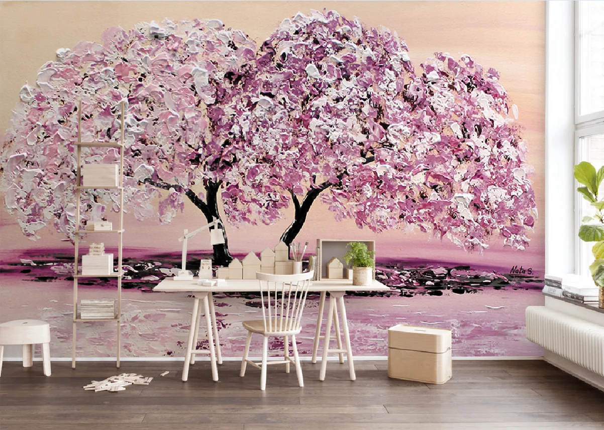 

3D pink oil painting cherry tree fashion beautiful flower natural scenery TV background wallpaper interior decoration wallpaper