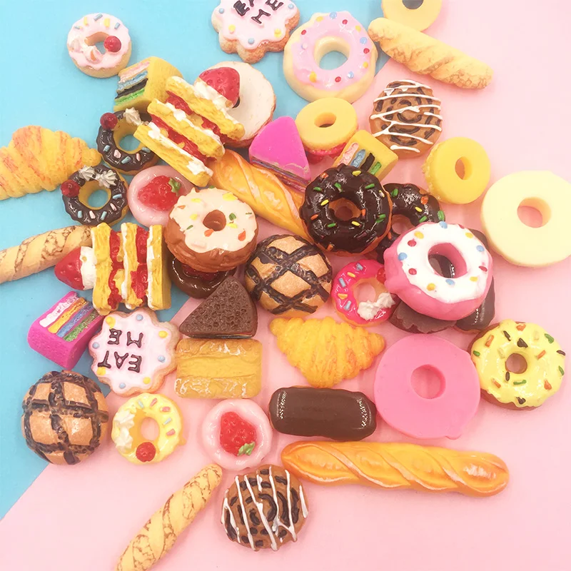 10Pcs Miniature kawaii Food Cute Cake Donut Bread Flat back Resin Cabochon Scrapbooking Fit Phone Embellishments Diy Accessories