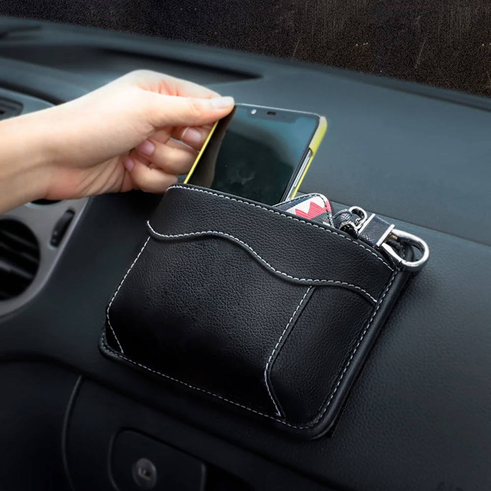 Car Pouch Bags Organizer Universal Interior Accessories Cards Mobile Phone Collecting Sticky Bag PU Leather Car Storage Box