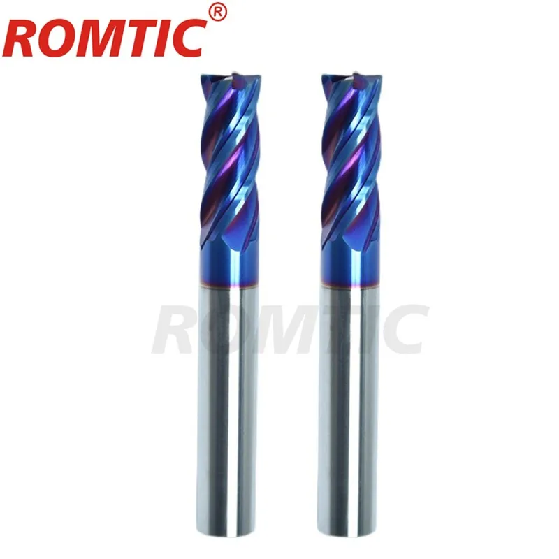 ROMTIC HRC70 4-Flute Milling Cutter Tungsten Steel Carbide Blue Nano Coating Flat End Mill For CNC Maching Endmills Tools