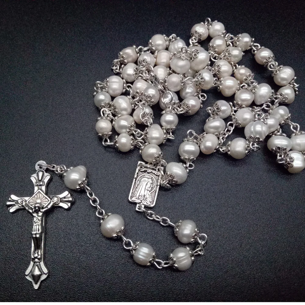 Hot Sale Natural Freshwater Pearl Rosary Necklace High-end Cross Christian Catholic Jewelry