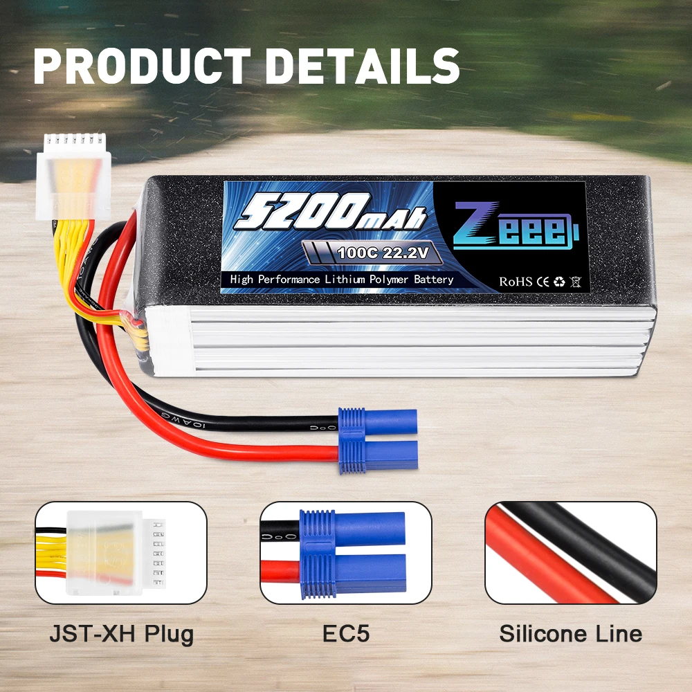 Zeee-batería Lipo 6S, 5200mAh, 6000mAh, 100C con conector EC5, Softcase para coche, barco, avión, Drones FPV, aptos para piezas de modelo RC